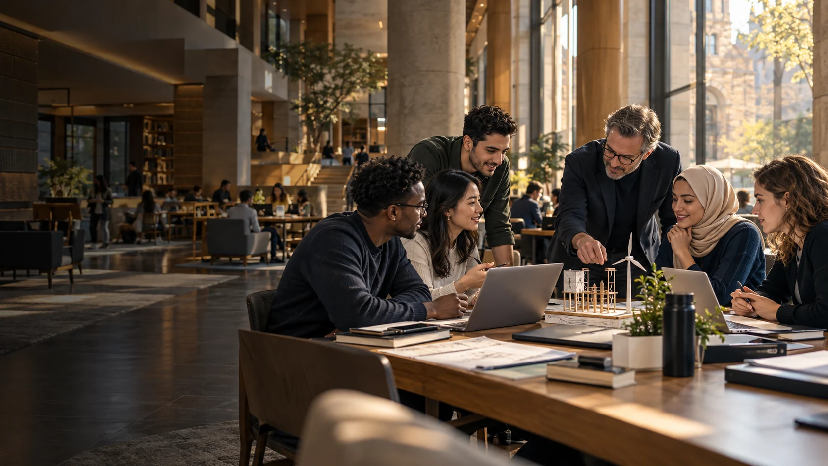 An illustrative university setting with students and faculty meeting on a contemporary campus
