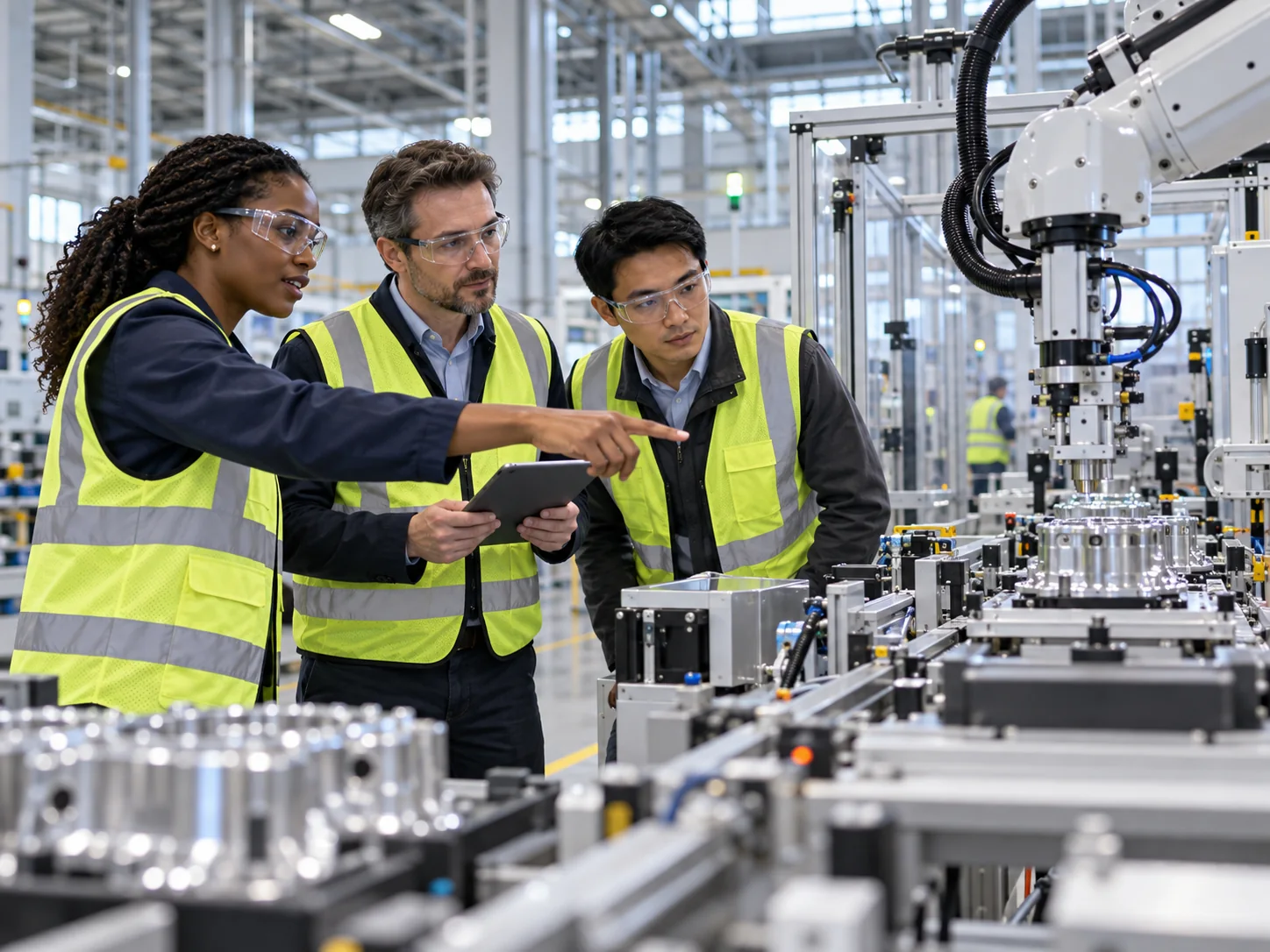 Academic and industry engineers review equipment in an advanced manufacturing environment