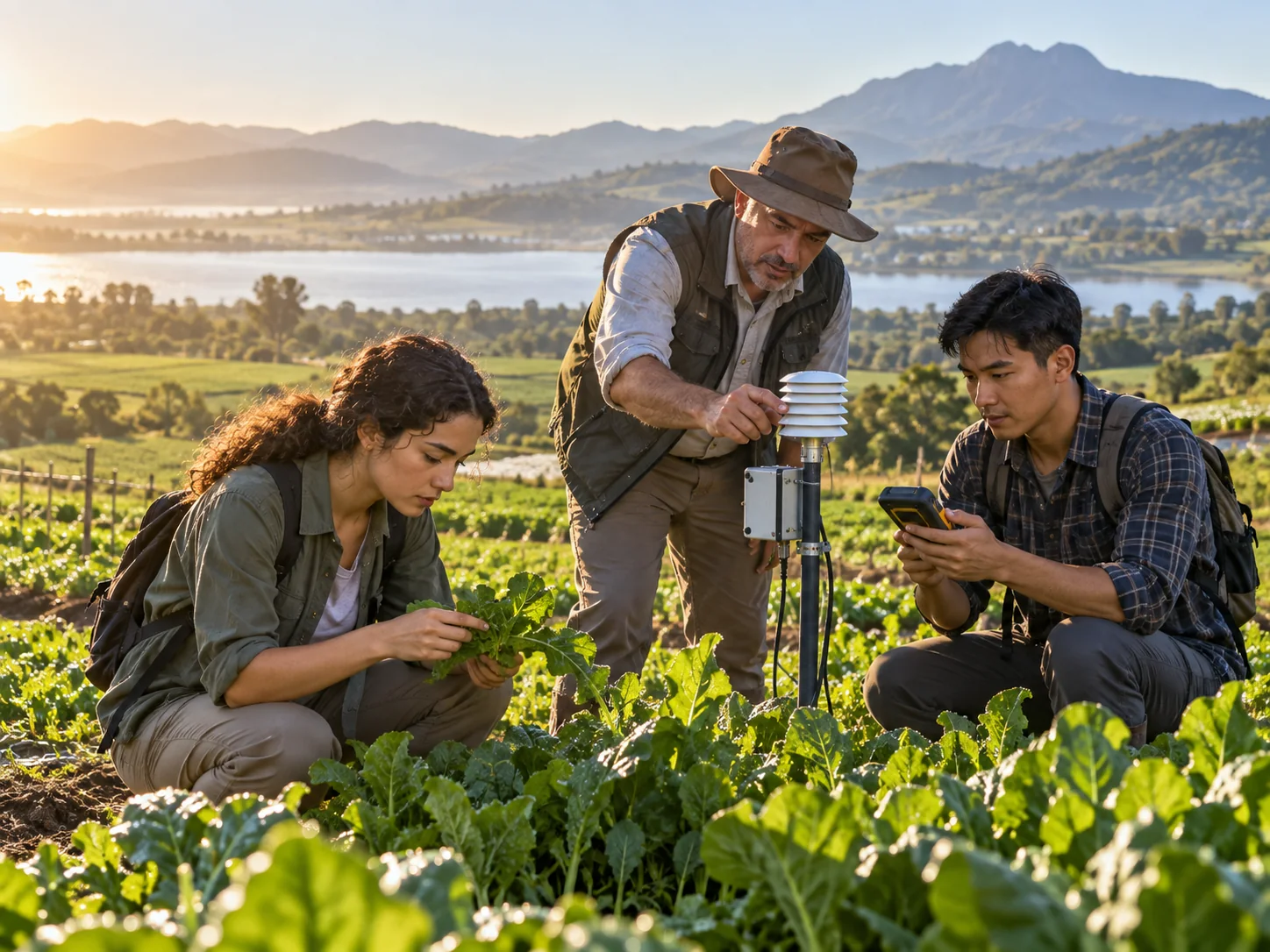 Students and an academic mentor inspect field sensors on a demonstration farm
