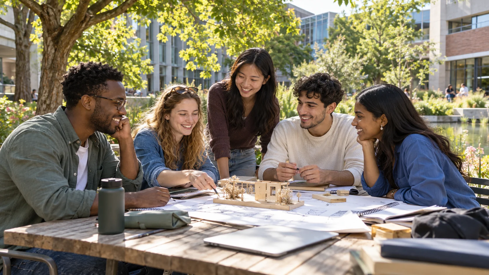 Adult students from different backgrounds work on a design model in a leafy courtyard