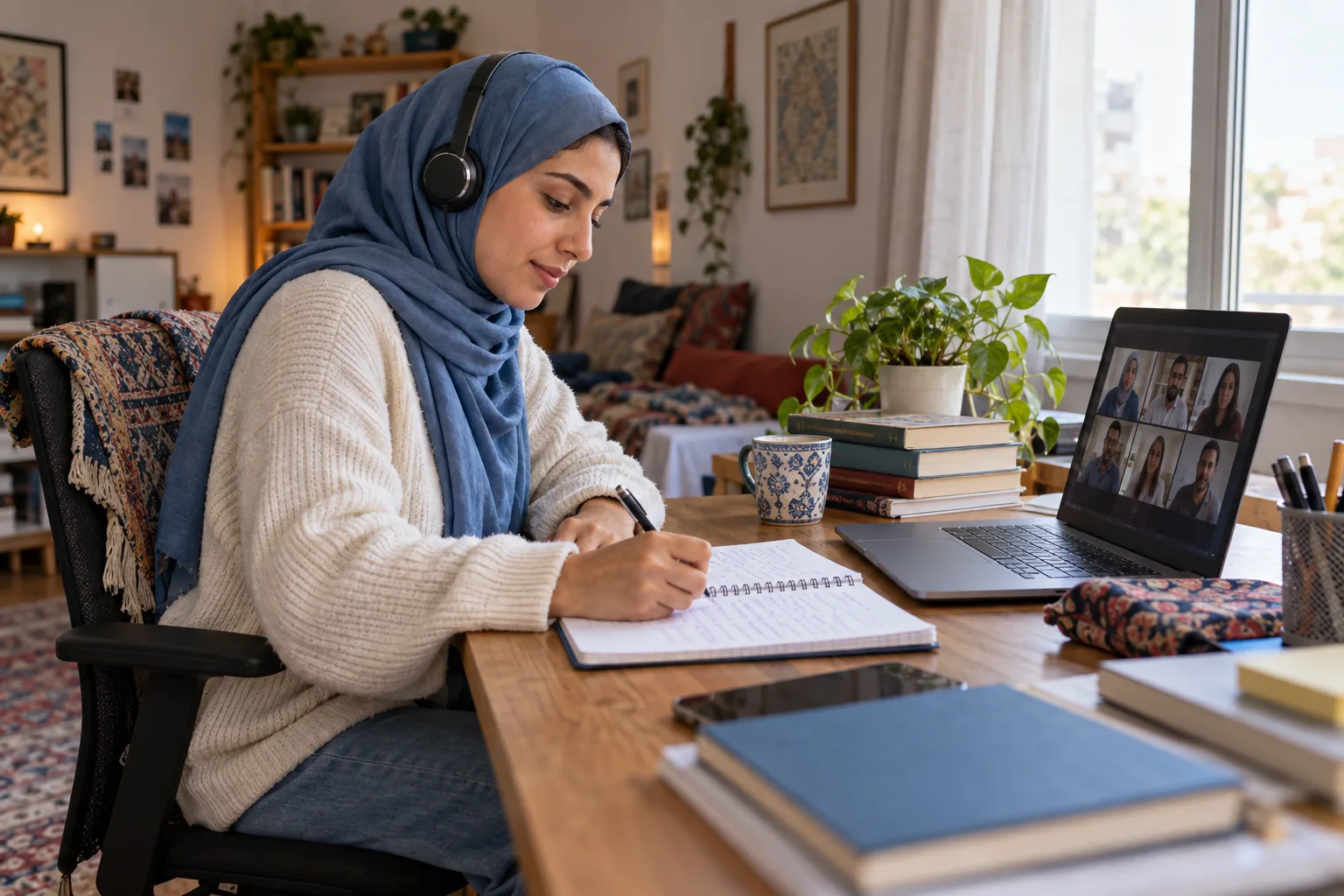 An adult learner takes notes during an online discussion at her home desk